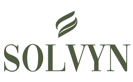 Solvyn logo in olive green with leaf icon on transparent background