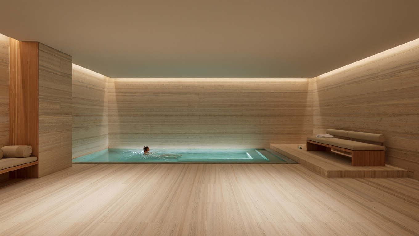 Person swimming in a glowing indoor lap pool surrounded by travertine stone walls at a luxury spa